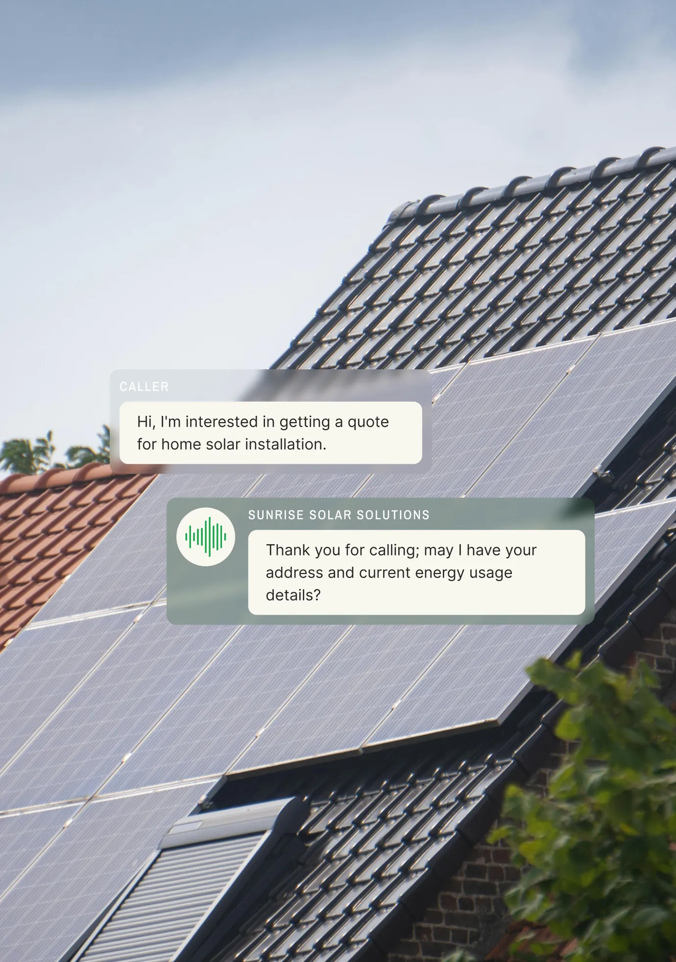 A close-up of a home rooftop with solar panels, alongside a customer chat with a solar energy call center requesting a quote for home solar installation