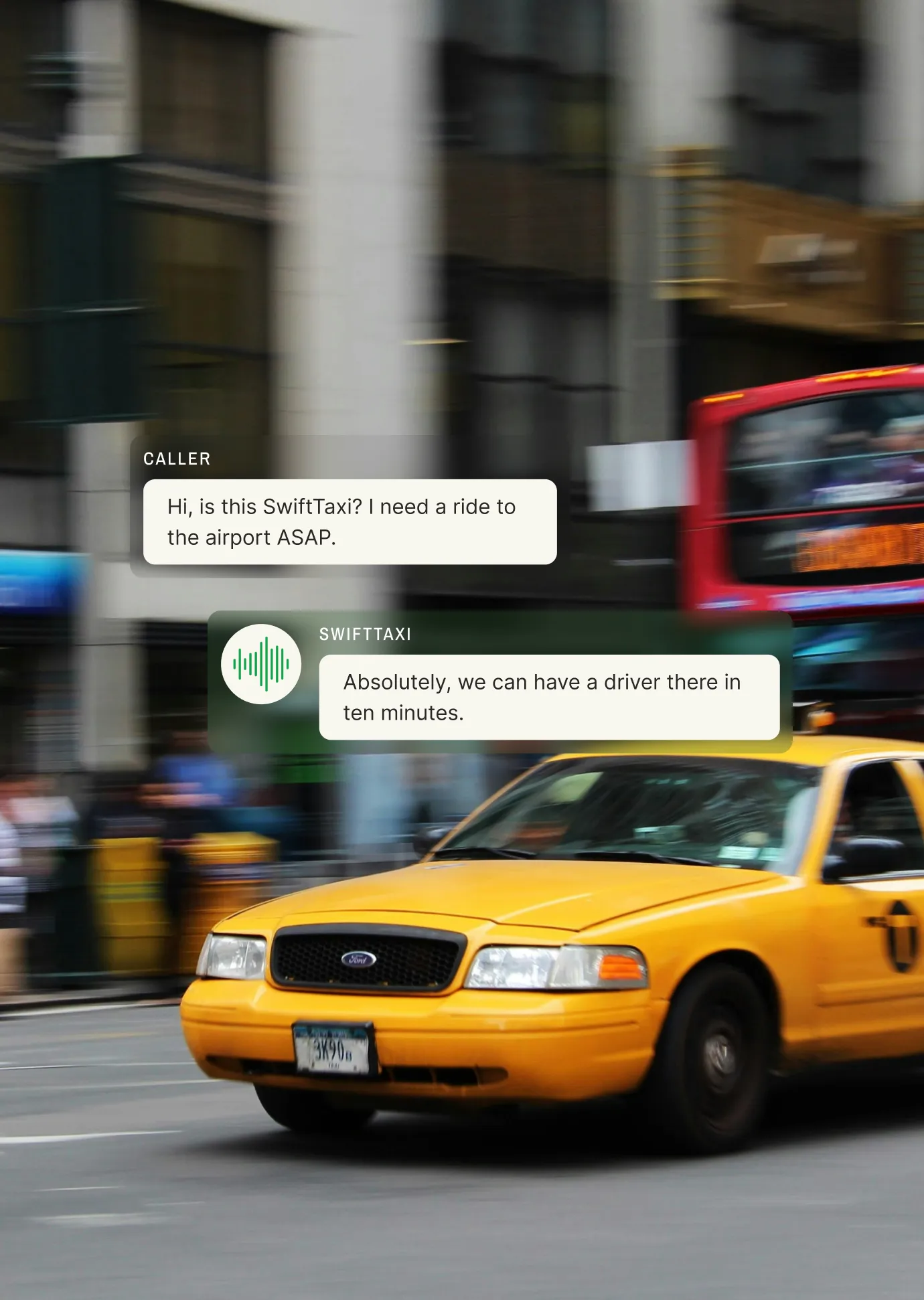 A taxi driving through a city after a caller requested an airport ride using a dispatch service for taxis.