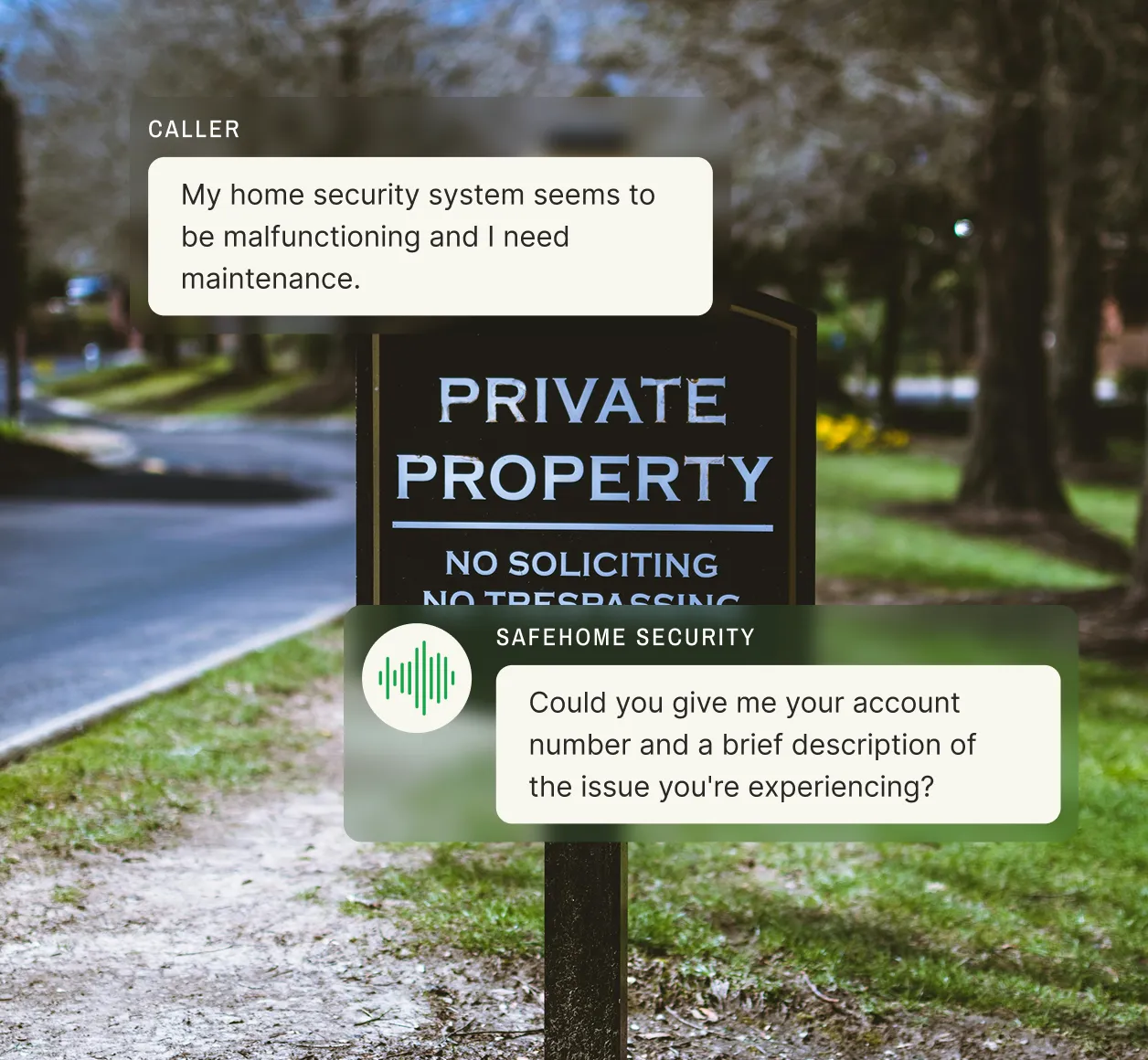A private property sign is featured while a caller reports a malfunctioning home security system, demonstrating an answering service for security agencies.