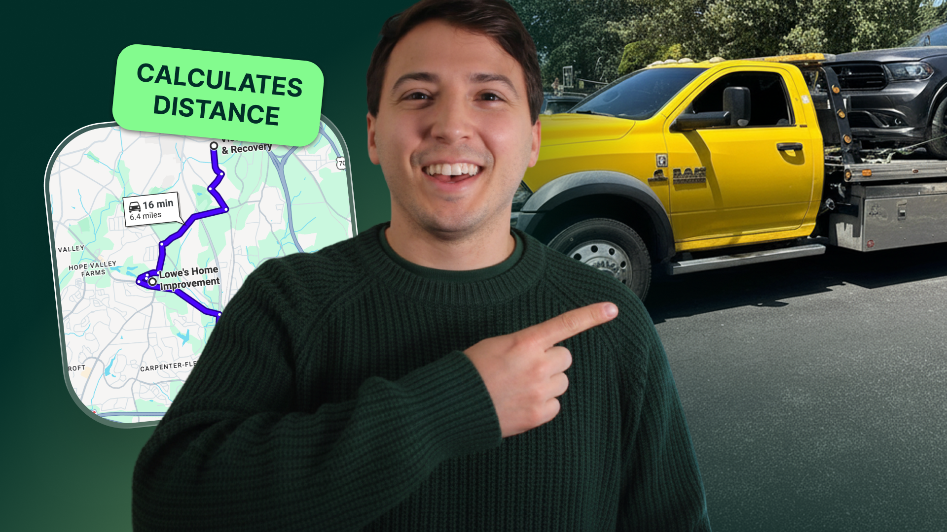Upfirst AI receptionist for a towing company calculating the distance for a tow on a map