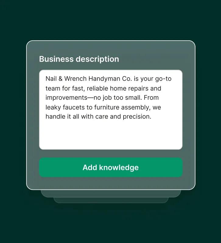 A call answering service for handyman companies displays a business description form ready for input.