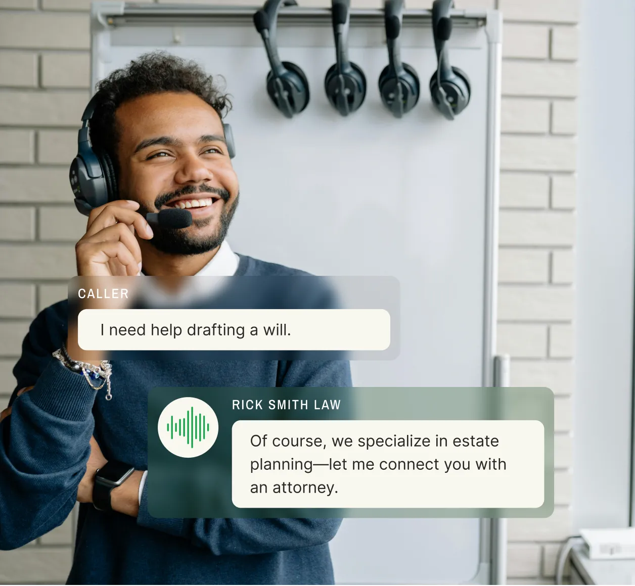 A professional wearing a headset using an electronic receptionist solution to connect a client with estate planning services.