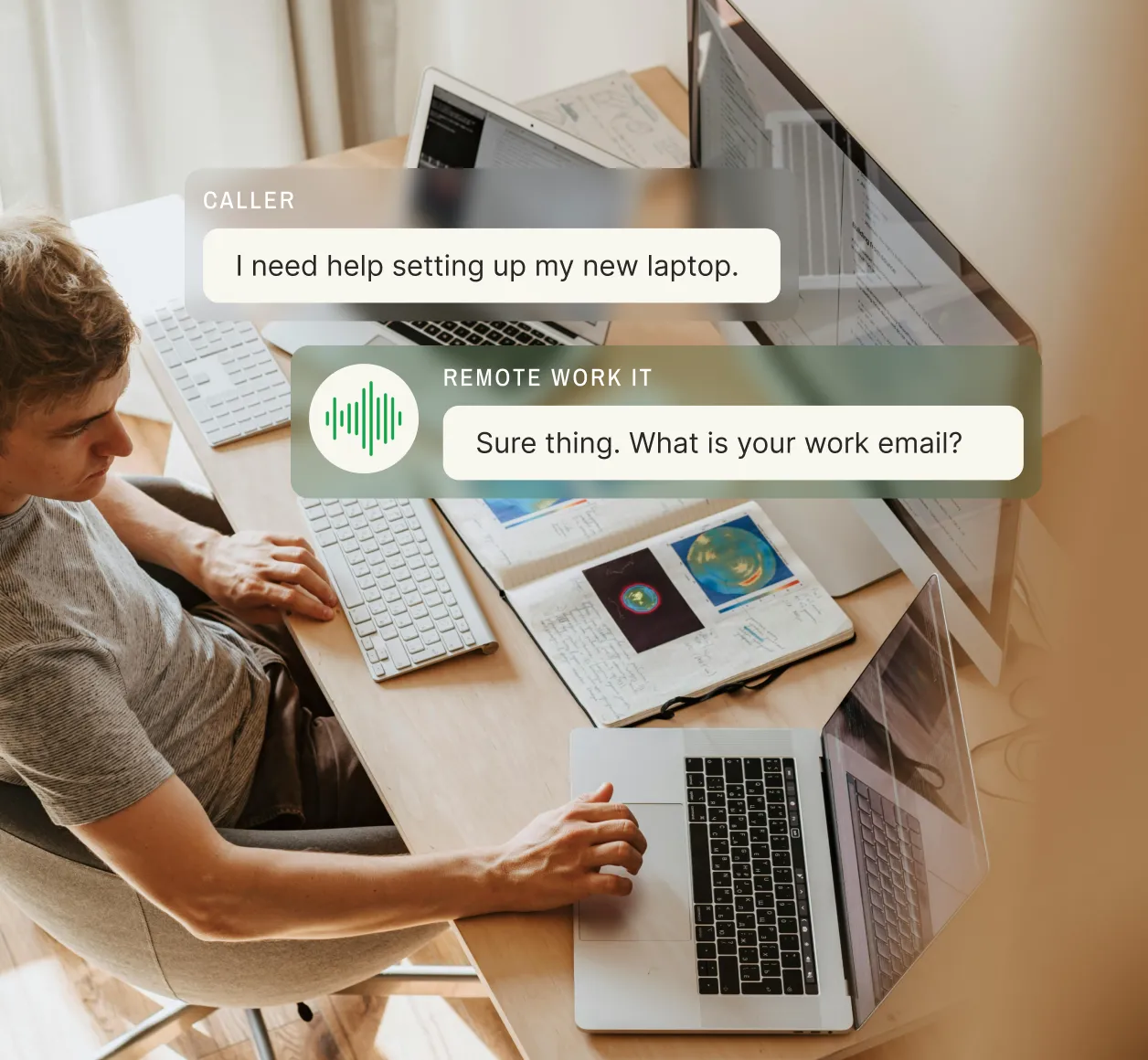 Answering service for IT company helping remote worker set up new laptop equipment