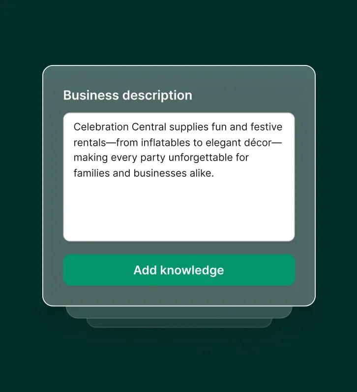 A screen showing a business description form being filled out as part of setting up a party rental answering service.