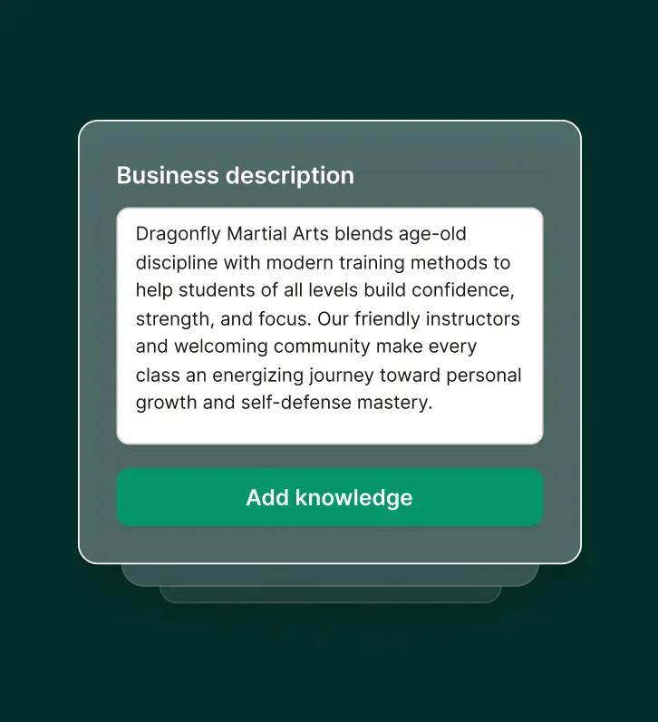 A martial arts answering service interface allows schools to add business details to personalize responses.