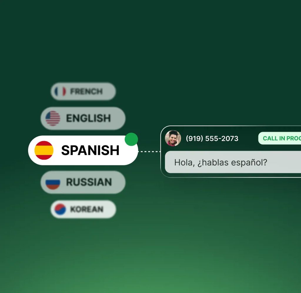 Multilingual AI receptionist interface showing Spanish language selection with "Hola, ¿hablas español?" message and active call status.