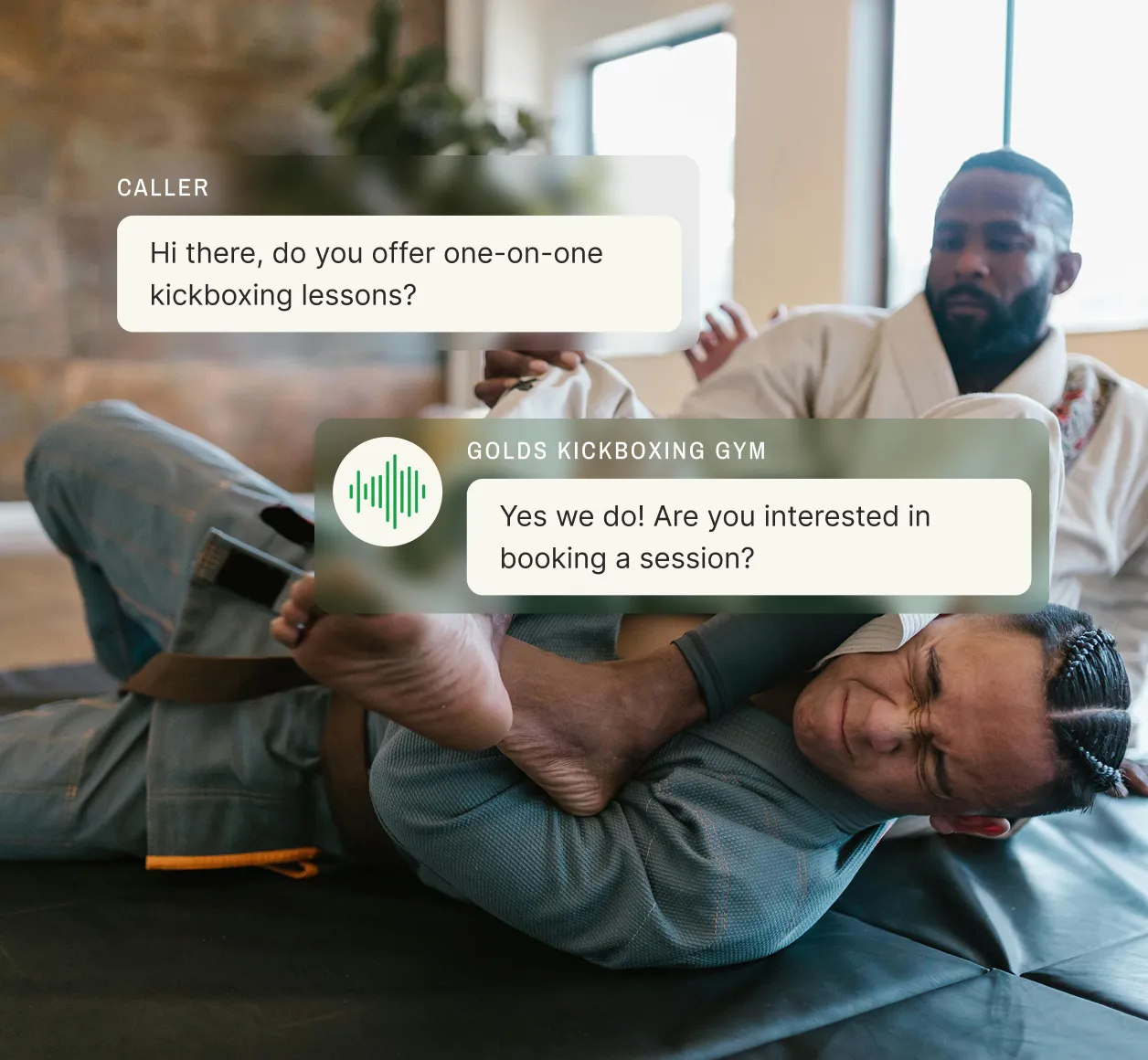 A martial arts answering service confirms availability for one-on-one kickboxing lessons over the phone.