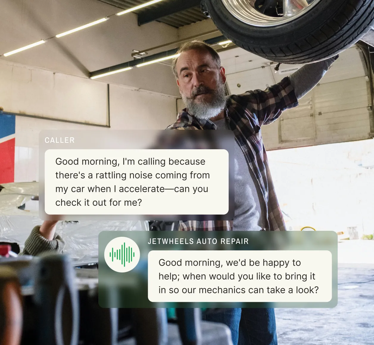 An auto repair shop employee scheduling an appointment for a vehicle inspection, highlighting overflow call handling service capabilities.