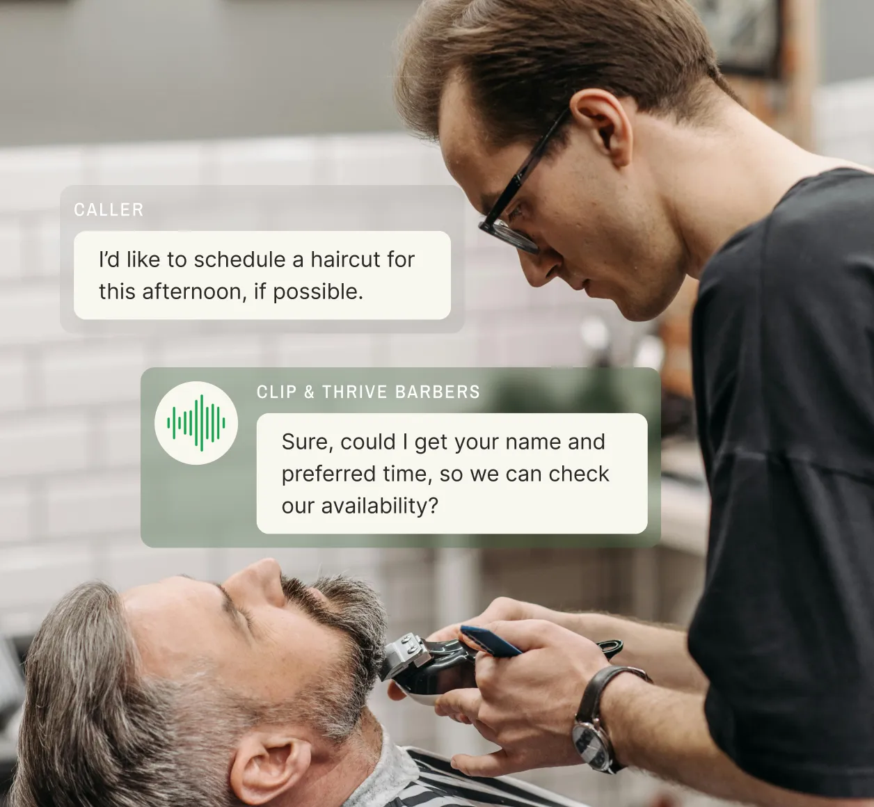 A barber gives a client a haircut while an AI voice calling agent helps schedule appointments, showcasing how AI calling agents enhance efficiency in personal care services.