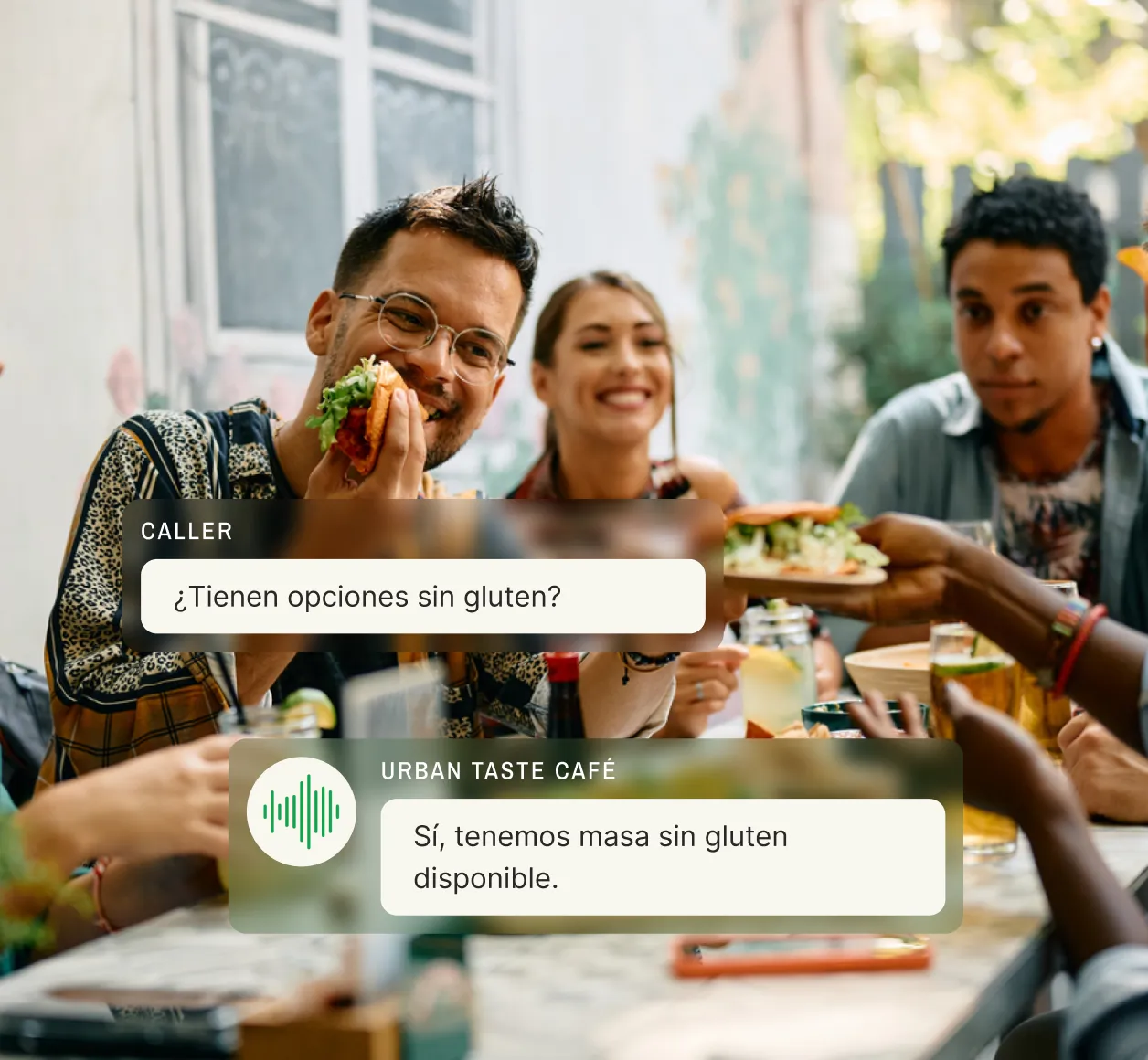 Bilingual restaurant answering service responding to Spanish gluten-free menu inquiry, showing diners enjoying casual meal