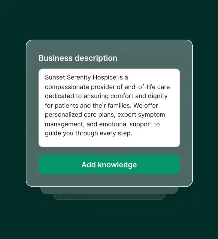  home hospice answering service dashboard displays a business description field where providers can add knowledge about their services.