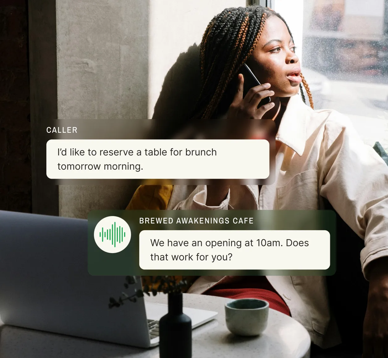 A temporary receptionist service assists a caller with a brunch reservation, offering a 10 AM time slot.