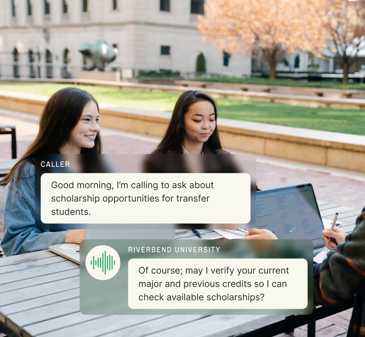 Two students sitting outdoors on a college campus, one using a laptop, as they communicate with an education answering service about scholarship opportunities for transfer students, with the service requesting details on their major and credits.
