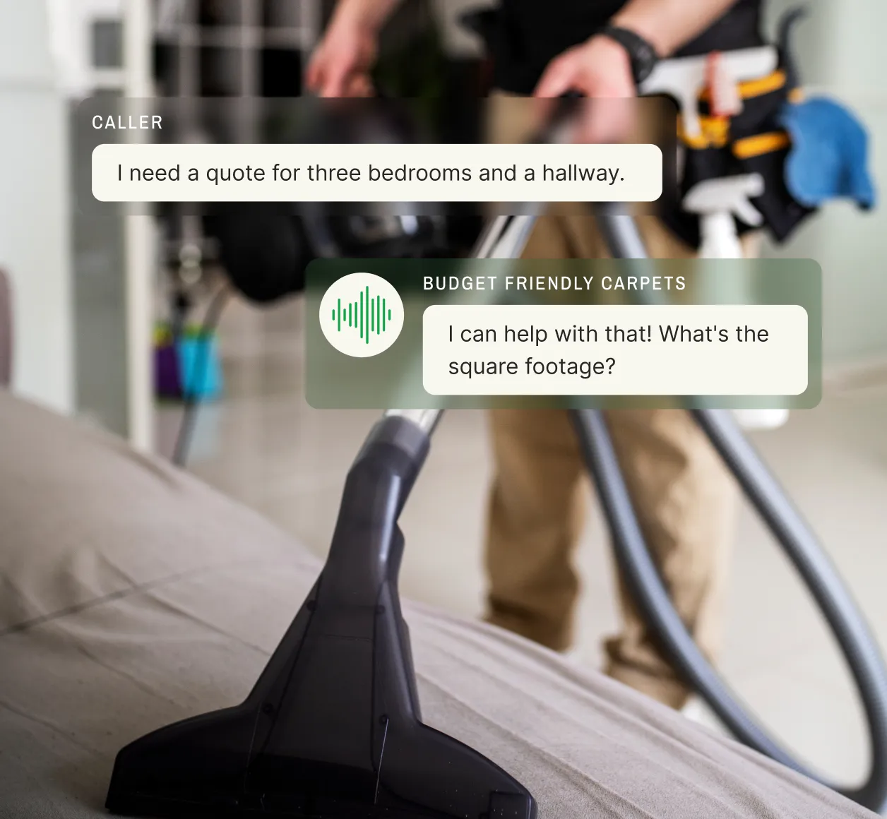 Close-up of vacuum cleaner on carpet with answering service chat overlay discussing quote for residential carpet cleaning