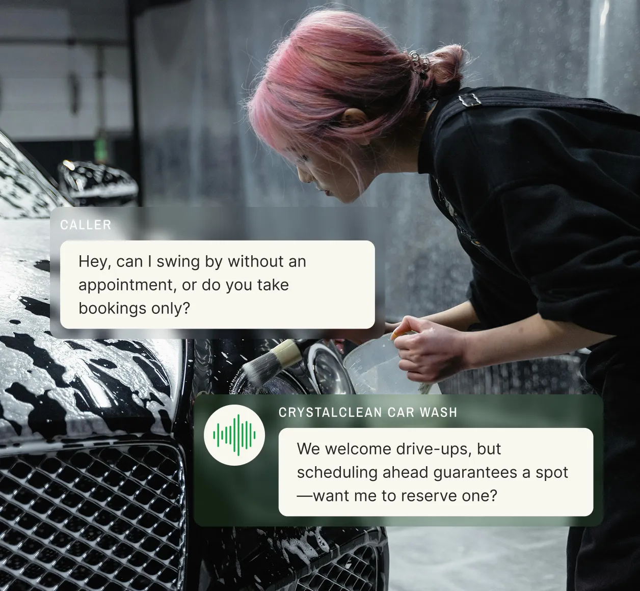 Customer asks about walk-ins and the car wash answering service offers to reserve a spot in advance.