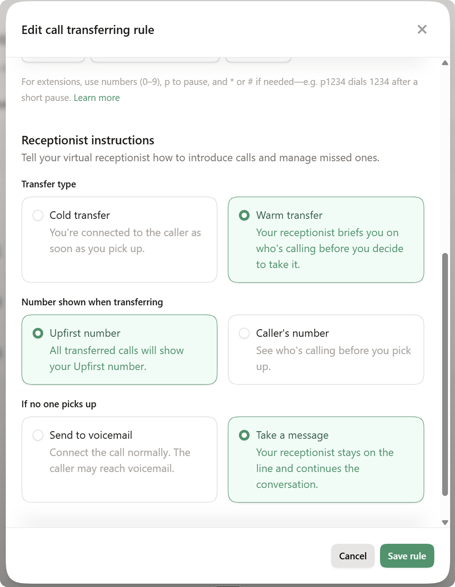 An example of how to set up warm or cold transfer rules with an AI reception