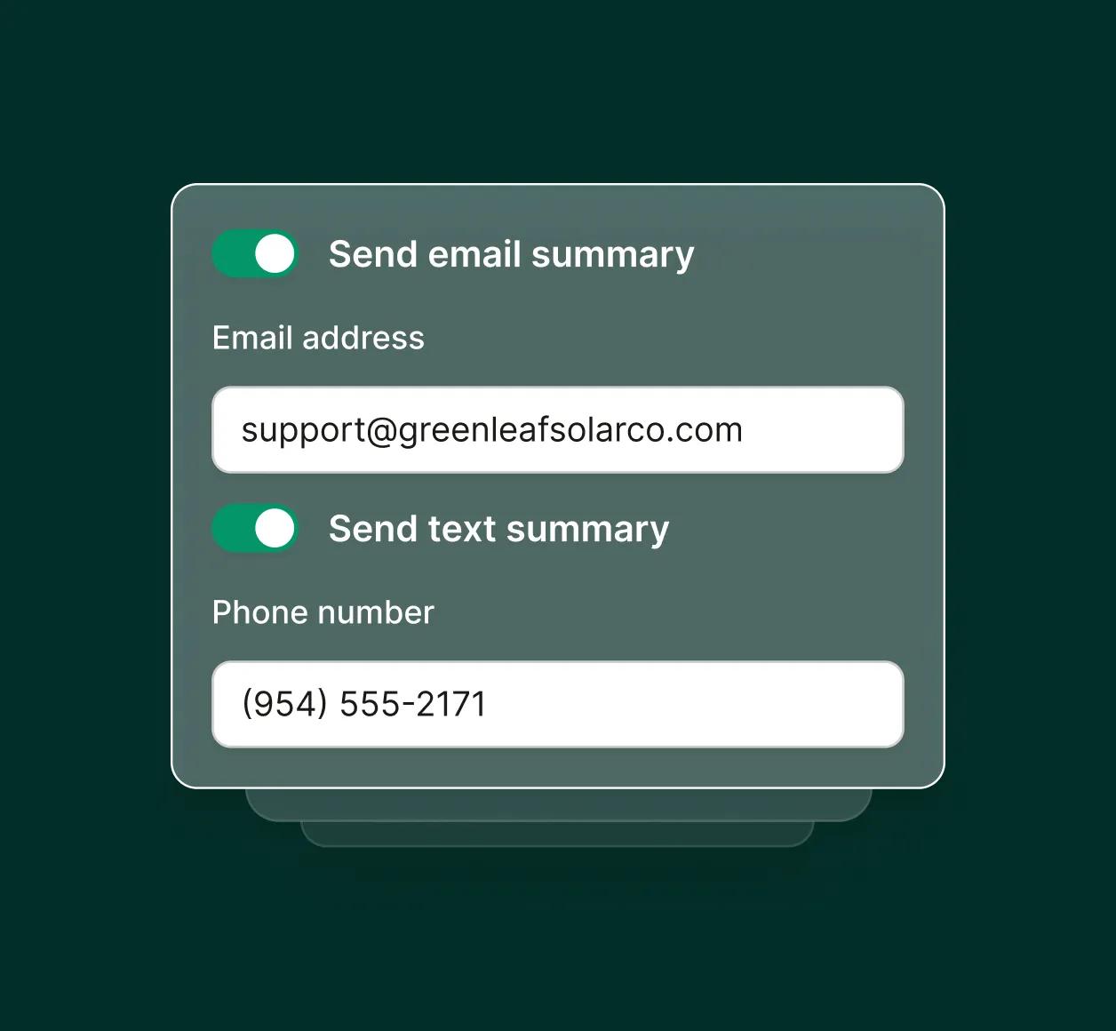 Screen showing SMS and email summary settings for automated updates in a call center direct response platform.