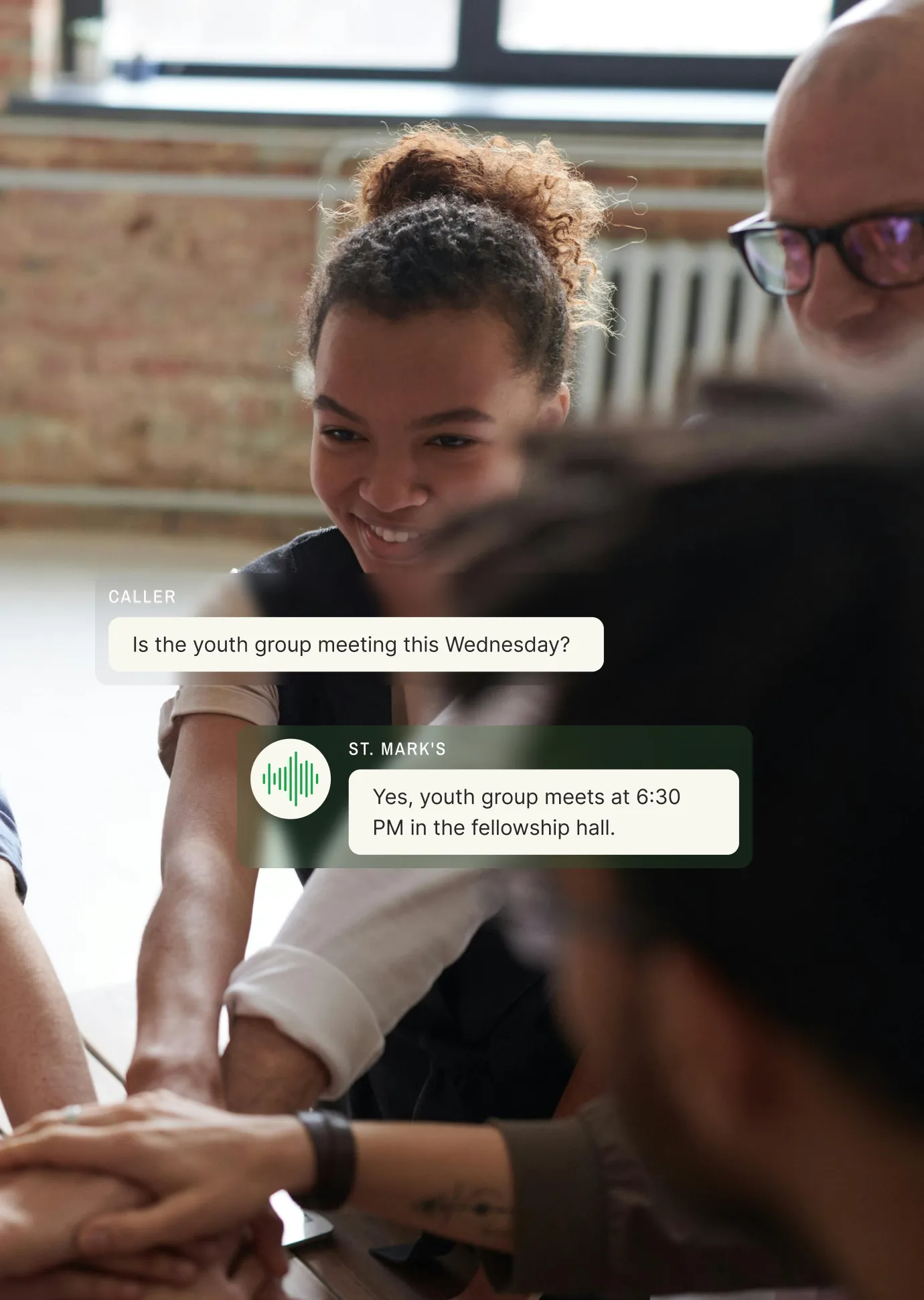 Digital church answering system responding to youth group schedule question. Caller inquires about Wednesday meeting, and St. Mark's automated response confirms 6:30 PM in the fellowship hall. Background shows a smiling youth group leader during a meeting.
