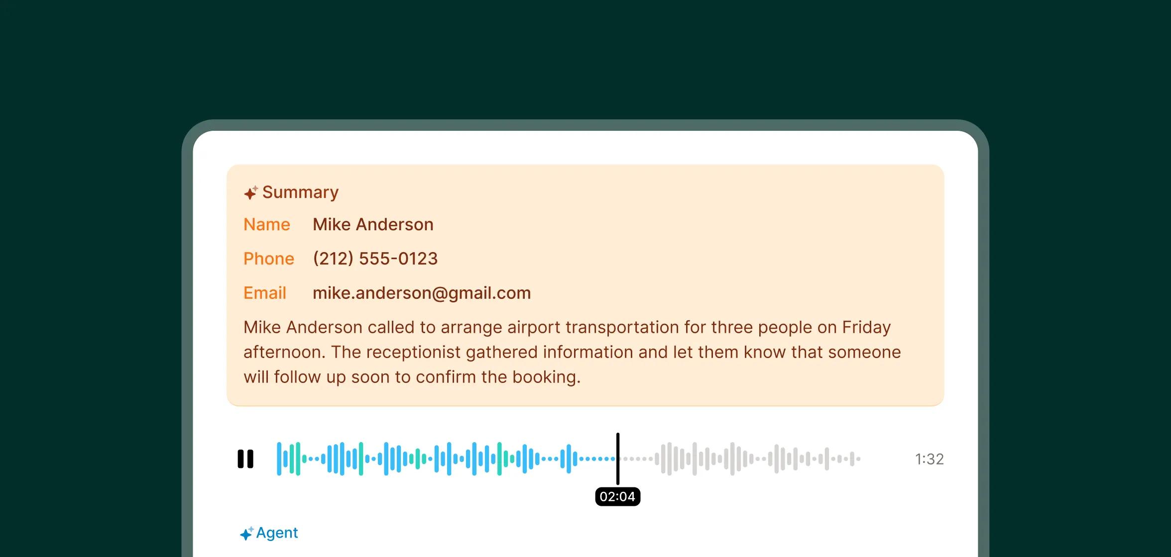 A call summary shows caller details and a short transcription for an airport ride request handled by the transportation answering service.