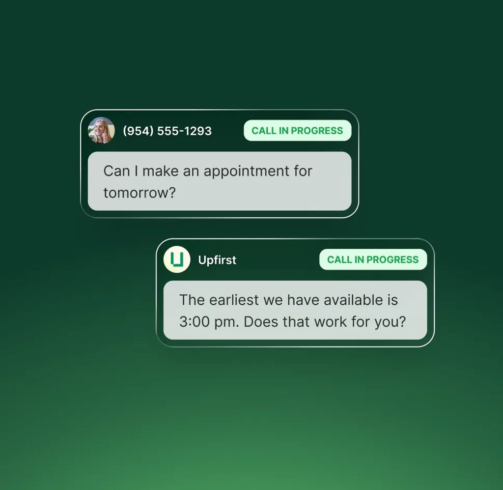 Upfirst AI receptionist with scheduling features handling an appointment request and offering available time slots during a live call.