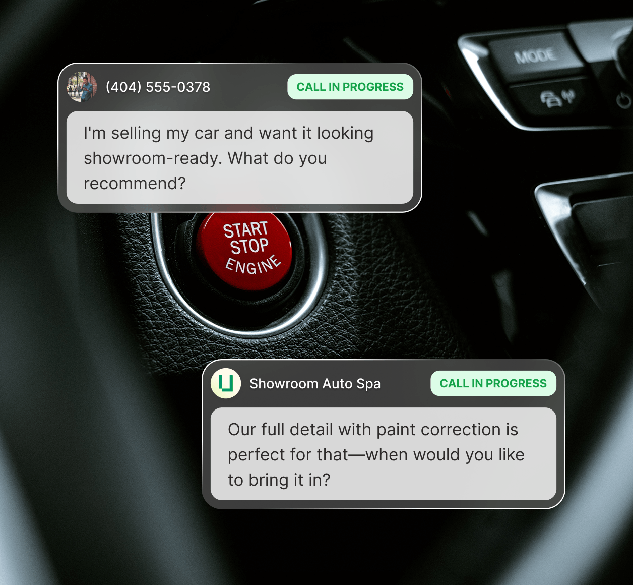 Warm call transfer where the AI receptionist briefs a detailer about a ceramic coating inquiry before connecting the caller.