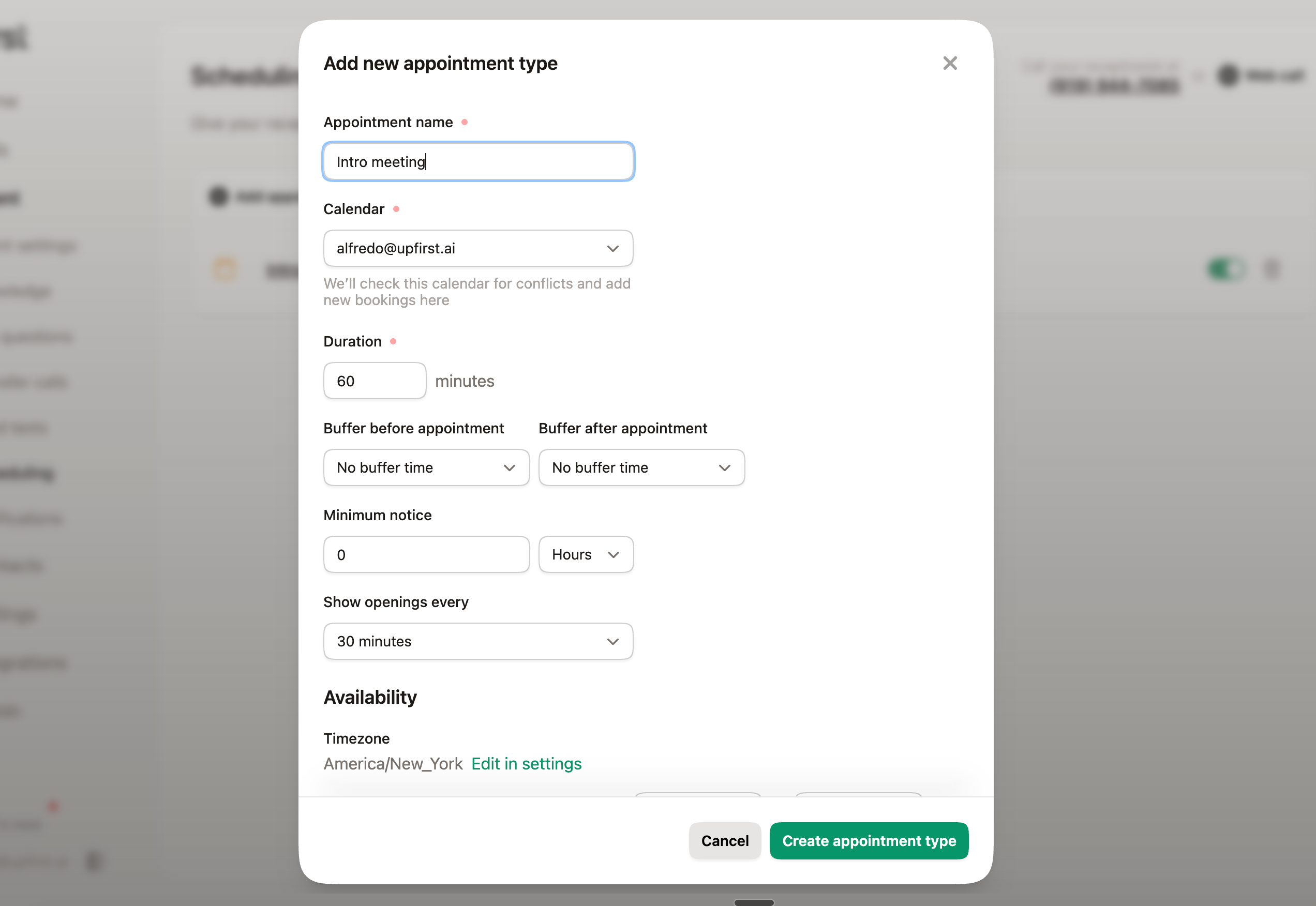 Screenshot of adding a new appointment type in Upfirst 