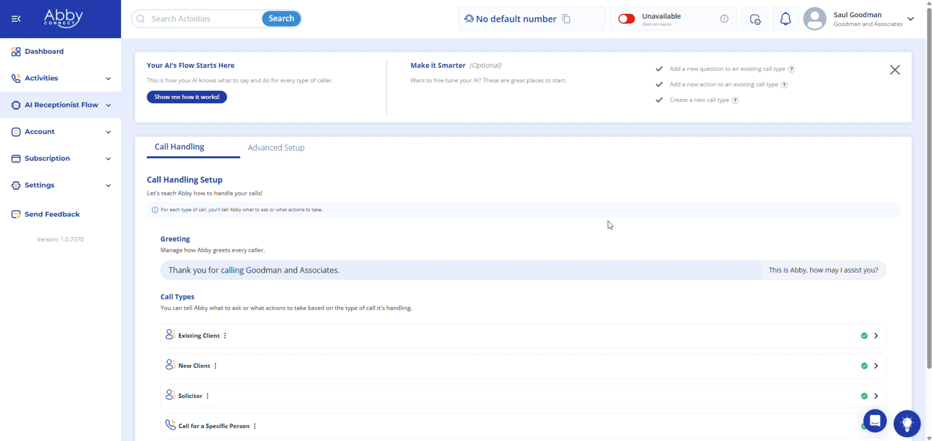 Abby Connect portal showing AI receptionist call handling with call types for existing clients, new clients, and solicitors