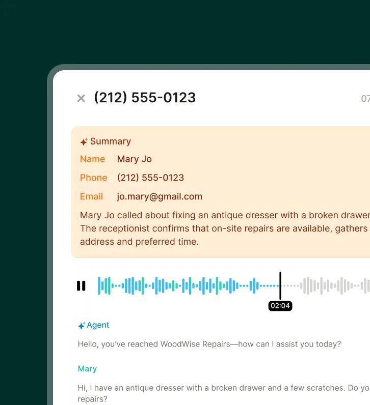 A call summary screen shows a customer asking about repairing an antique dresser with the furniture repair answering service confirming on-site repairs.