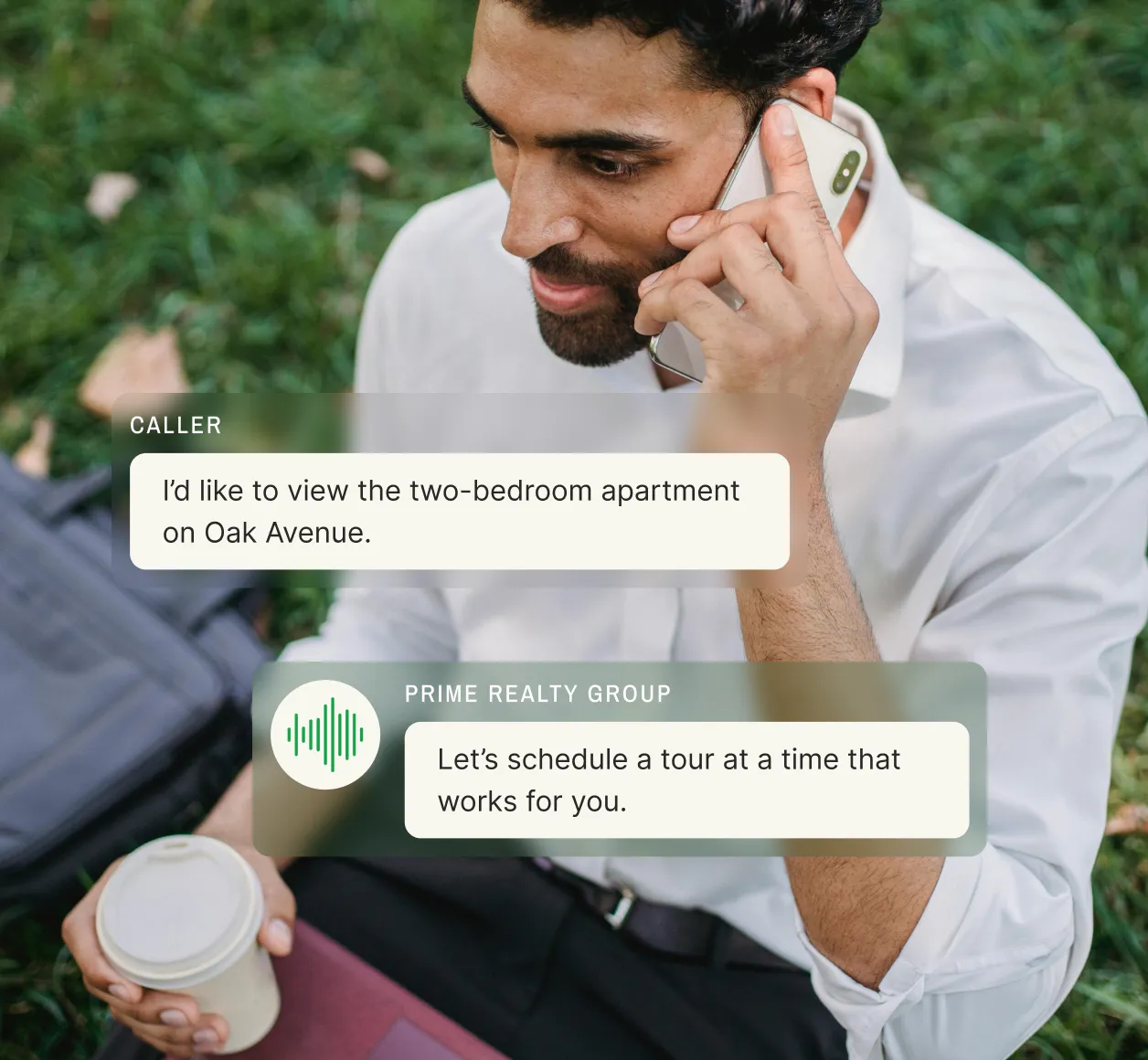 A temporary answering service helps a caller schedule a tour for a two-bedroom apartment on Oak Avenue.