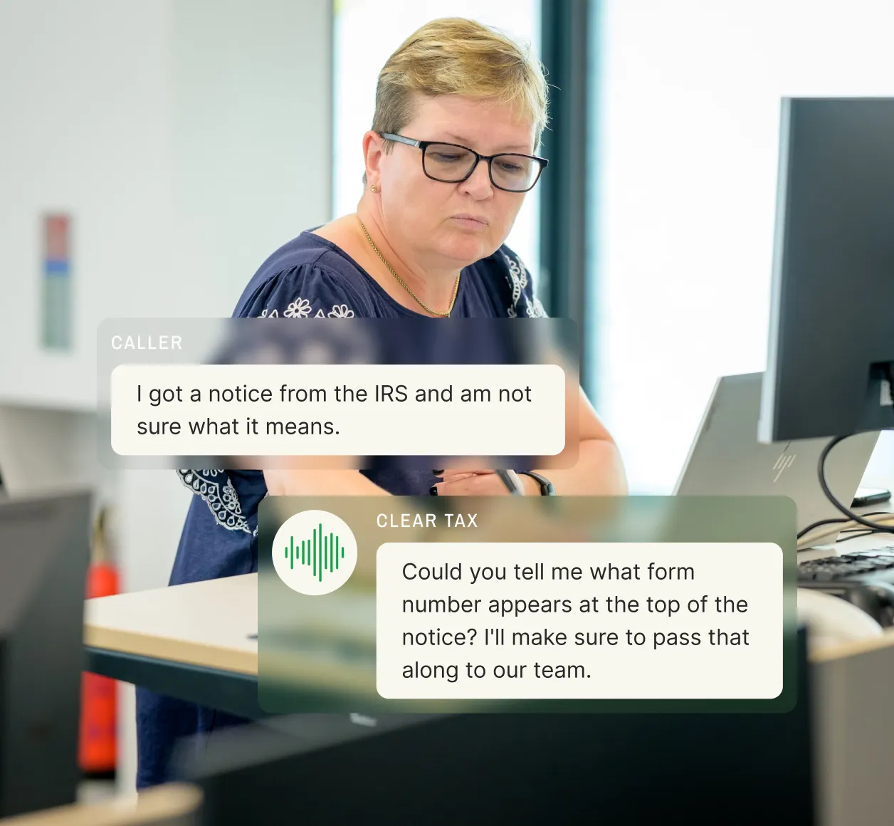 Accounting answering service assisting client with IRS notice inquiry, demonstrating professional tax support services