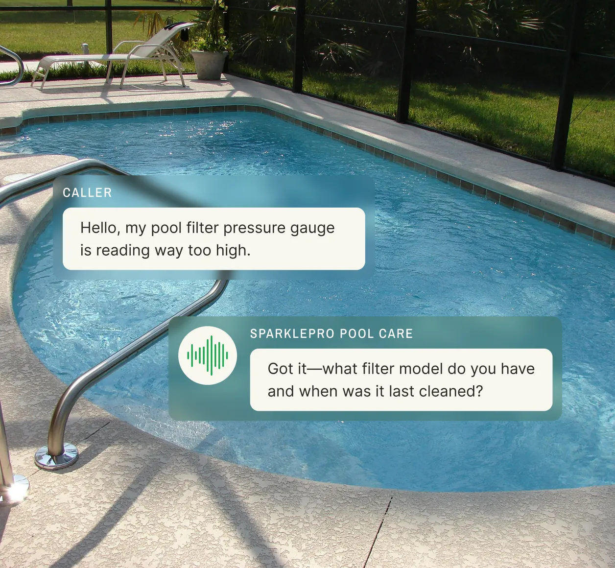 Caller reports a high pool filter pressure gauge and the pool and hot tub answering service asks what filter model they have and when it was last cleaned.