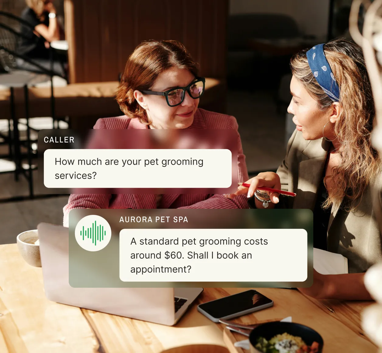 Two women discuss pet grooming services, showcasing a franchise answering service handling appointment bookings smoothly.