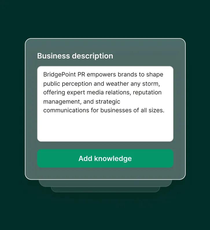 A dashboard screen shows a business description being added to a public relations answering service profile.