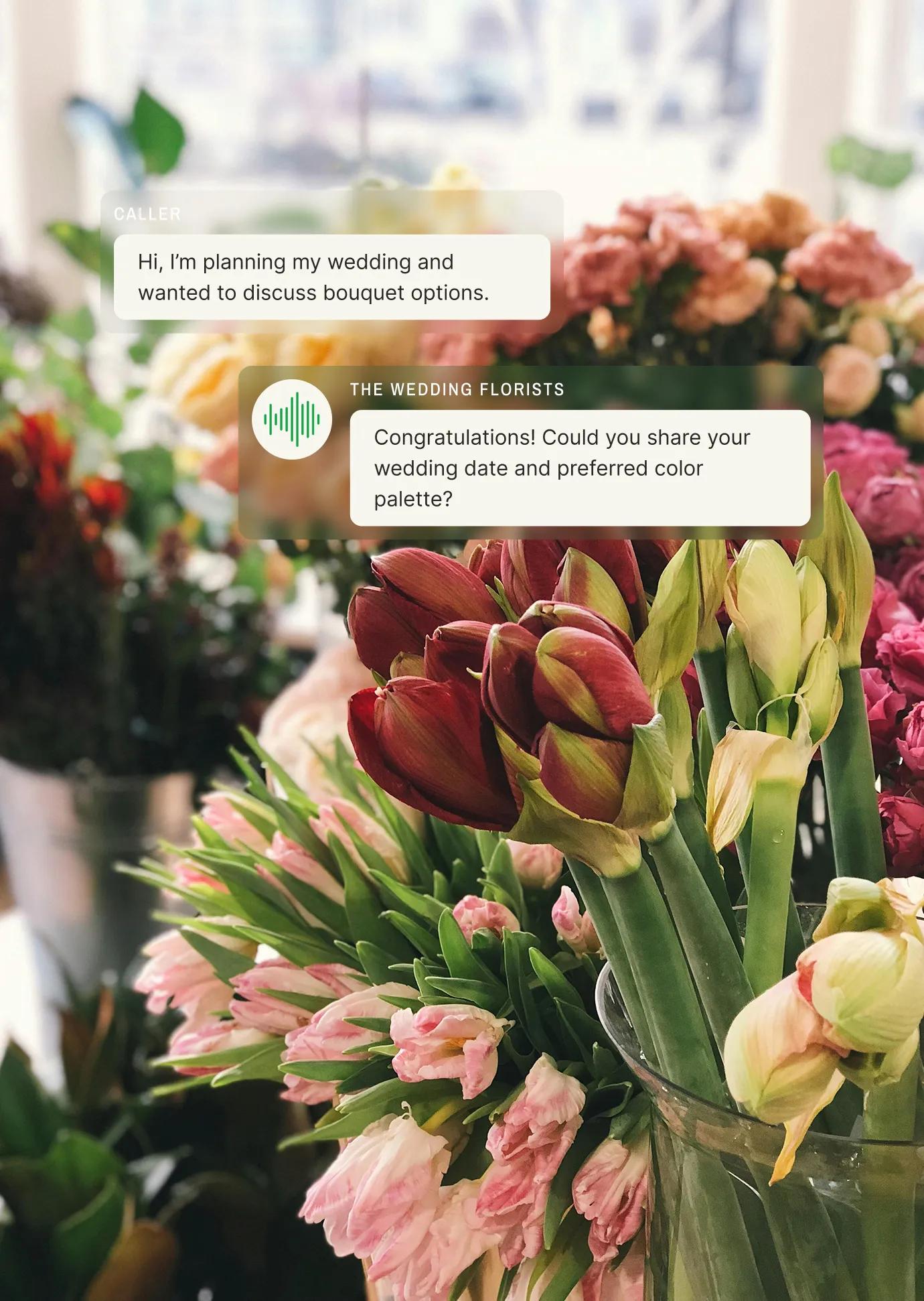A florist answering service interface shows a florist shop background with chat boxes where a caller discusses wedding bouquet planning and the service asks for date and color palette.