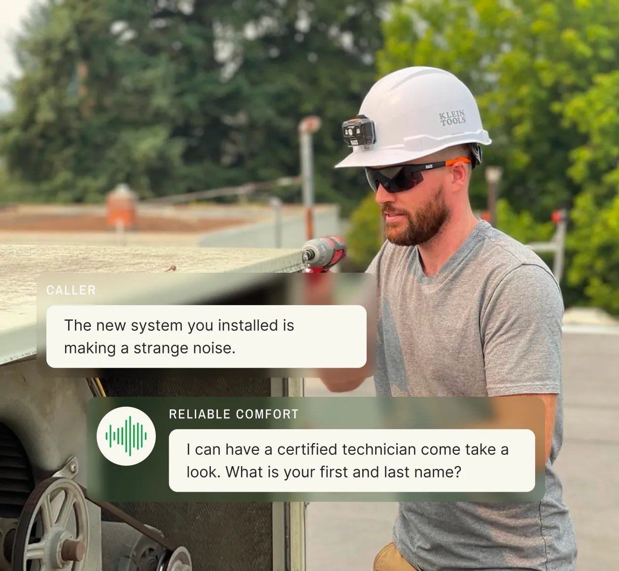 HVAC specialty answering service handling a maintenance request from a customer reporting unusual system noise, demonstrating after-hours HVAC support