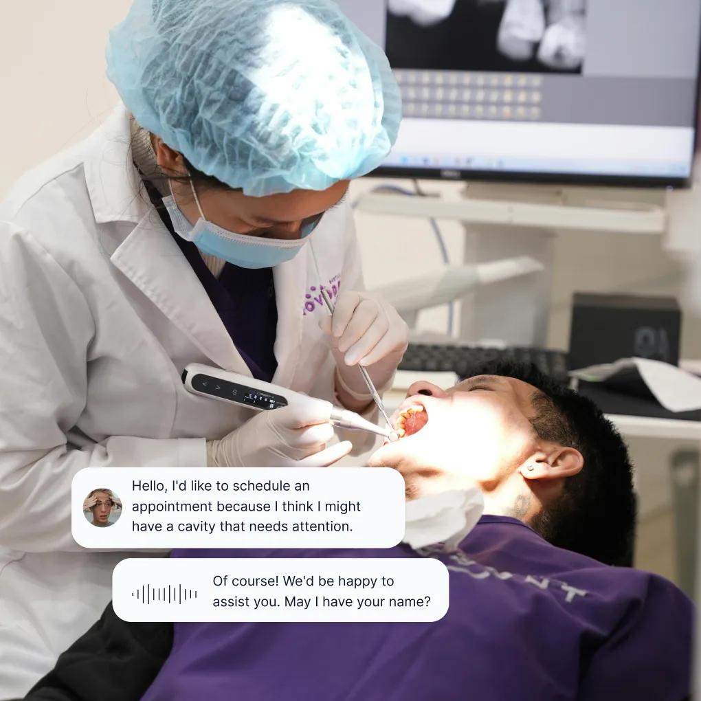Dental practitioner treating a patient who scheduled their cavity examination through a dental practice answering service