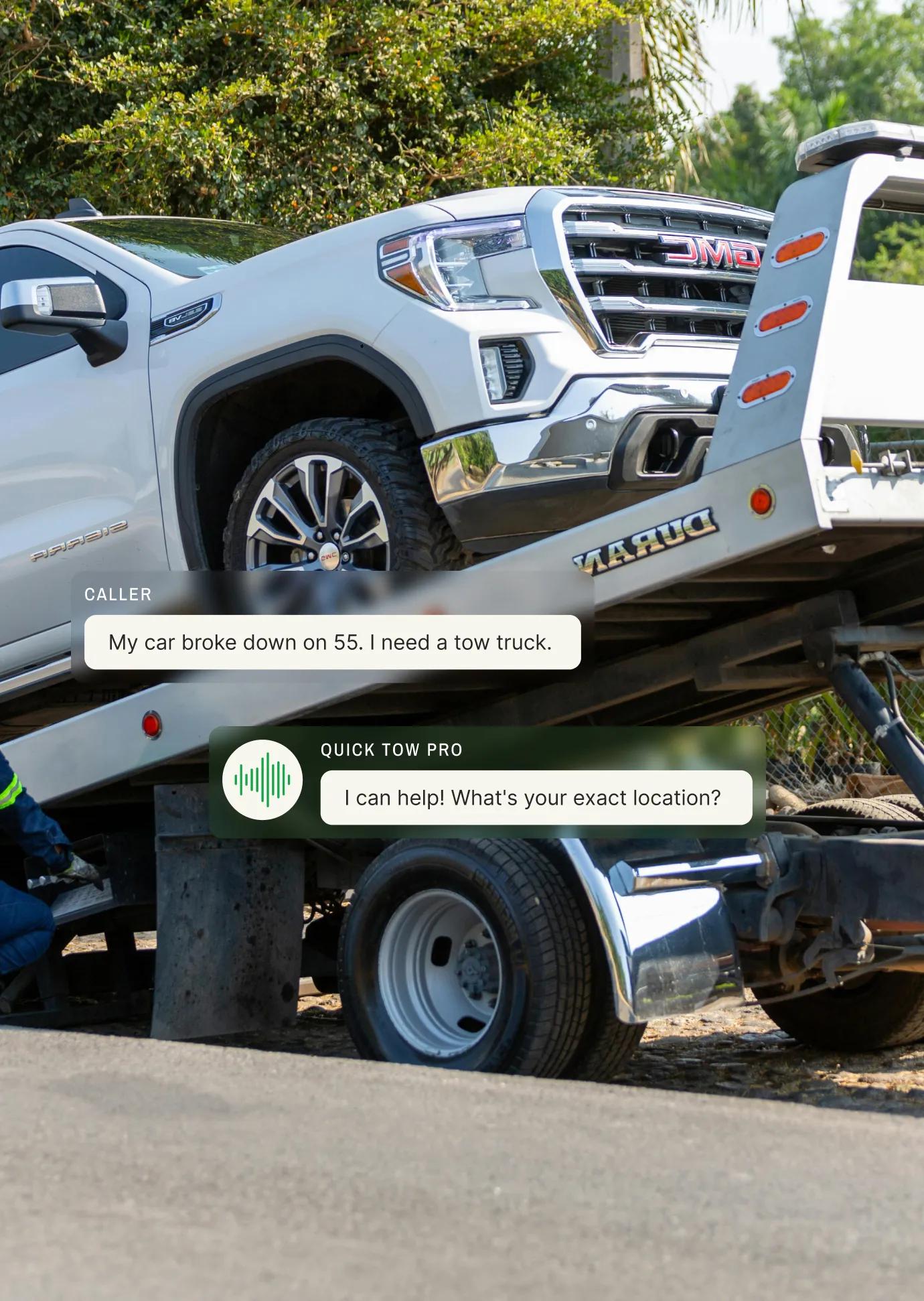 Towing company answering service handling roadside assistance call for broken down GMC Sierra on highway 55