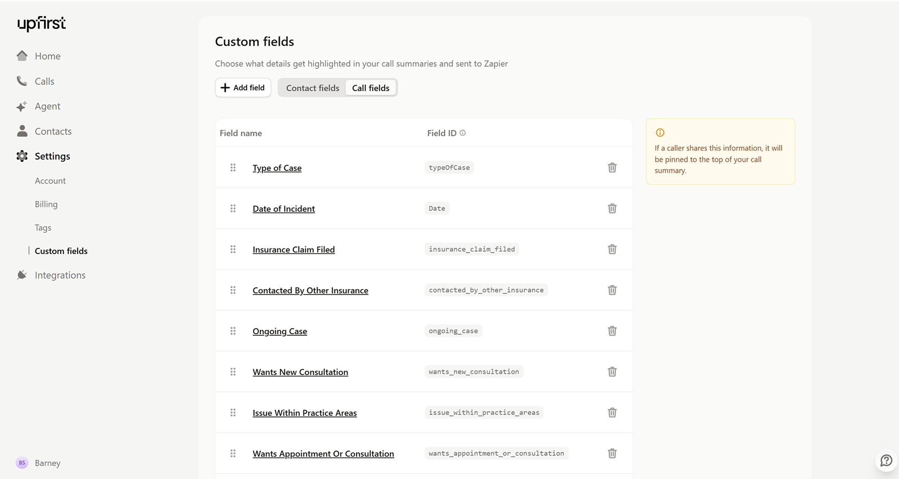 Setting up custom fields for first and last name in Upfirst