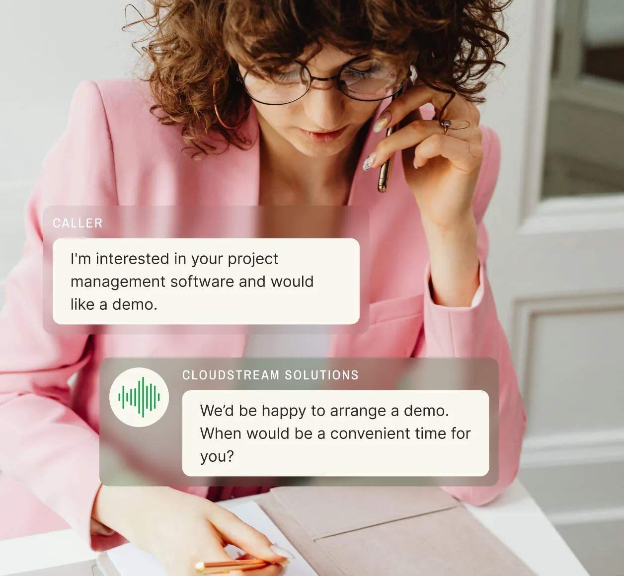 Caller requesting a demo of project management software with a virtual receptionist service scheduling a convenient time for the demo.