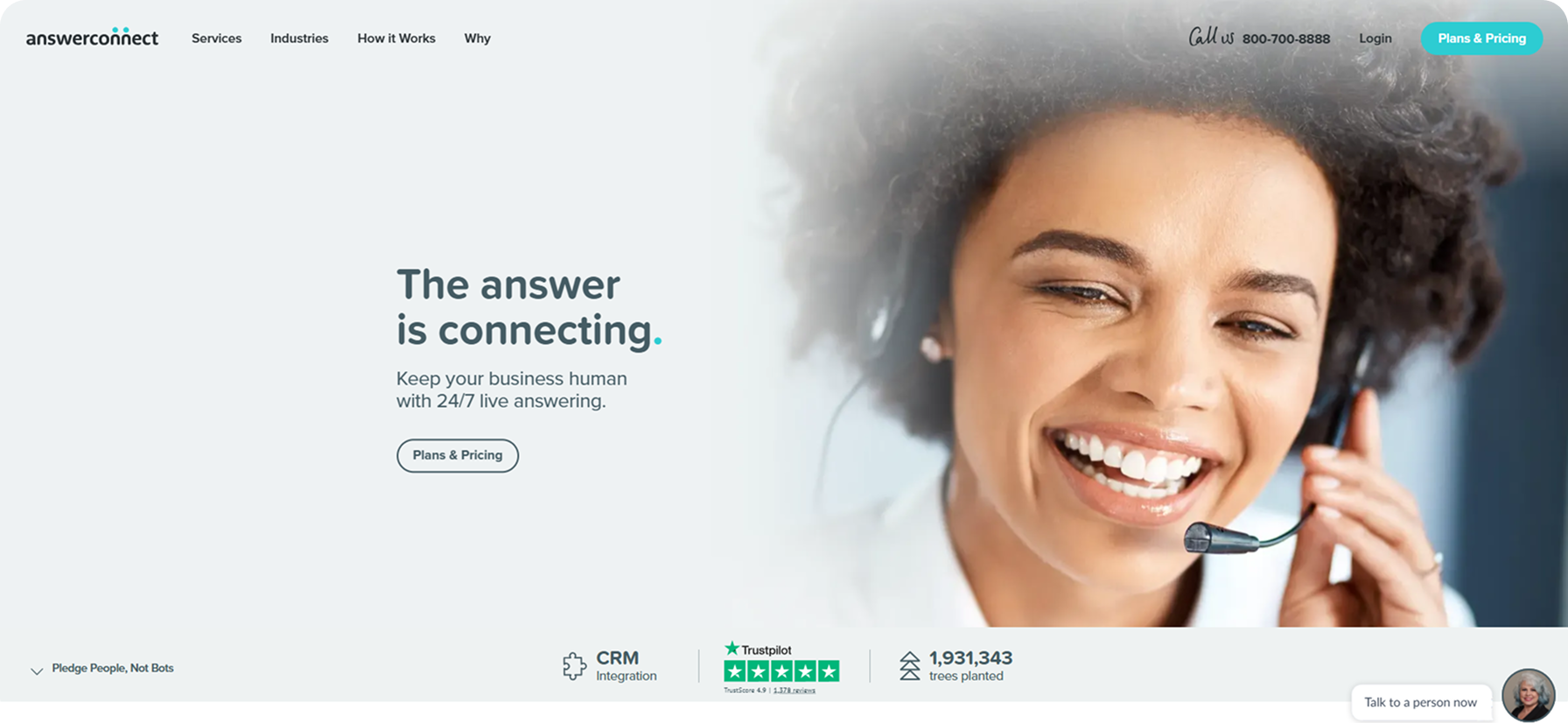 AnswerConnect live answering service homepage with Trustpilot ratings, ranked among the best answering services for driving schools