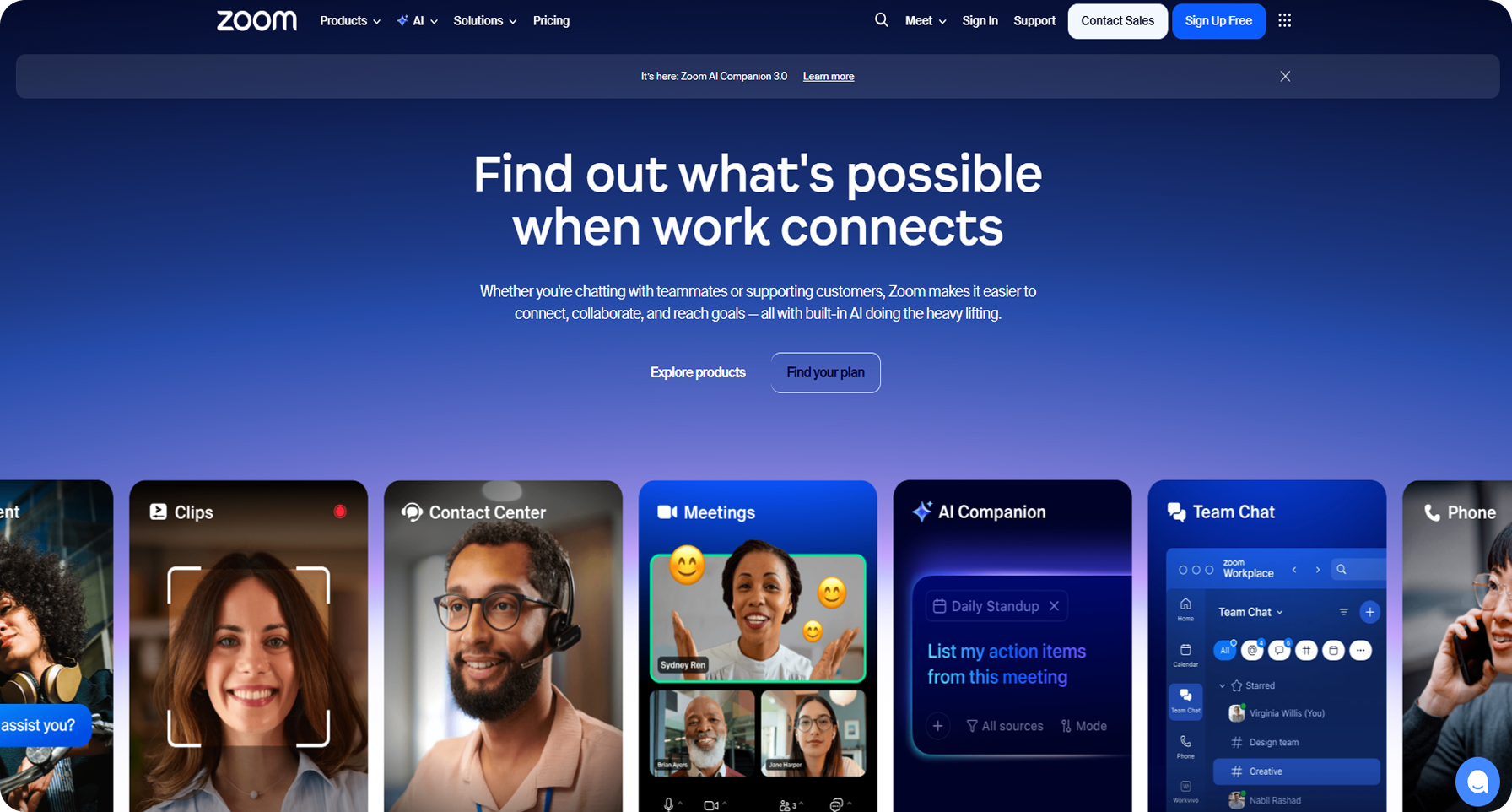 Zoom homepage featuring their phone, meetings, and team chat products - an affordable small business VoIP solution for existing Zoom users