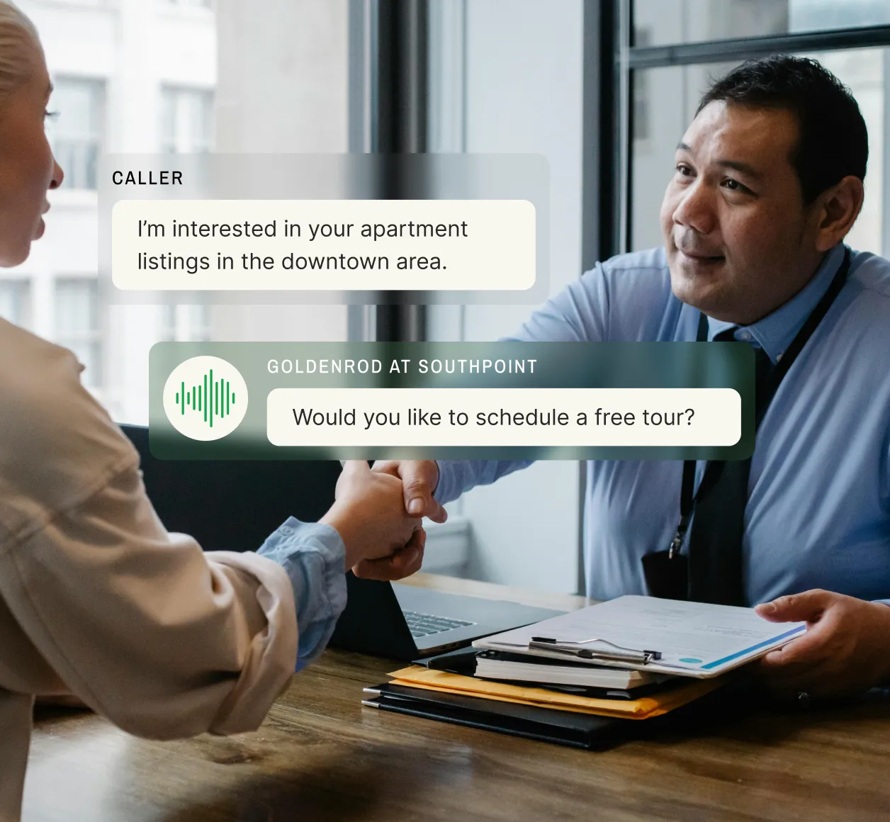 Real estate agent greeting prospective tenant after initial contact through automated voicemail assistant at luxury apartment complex