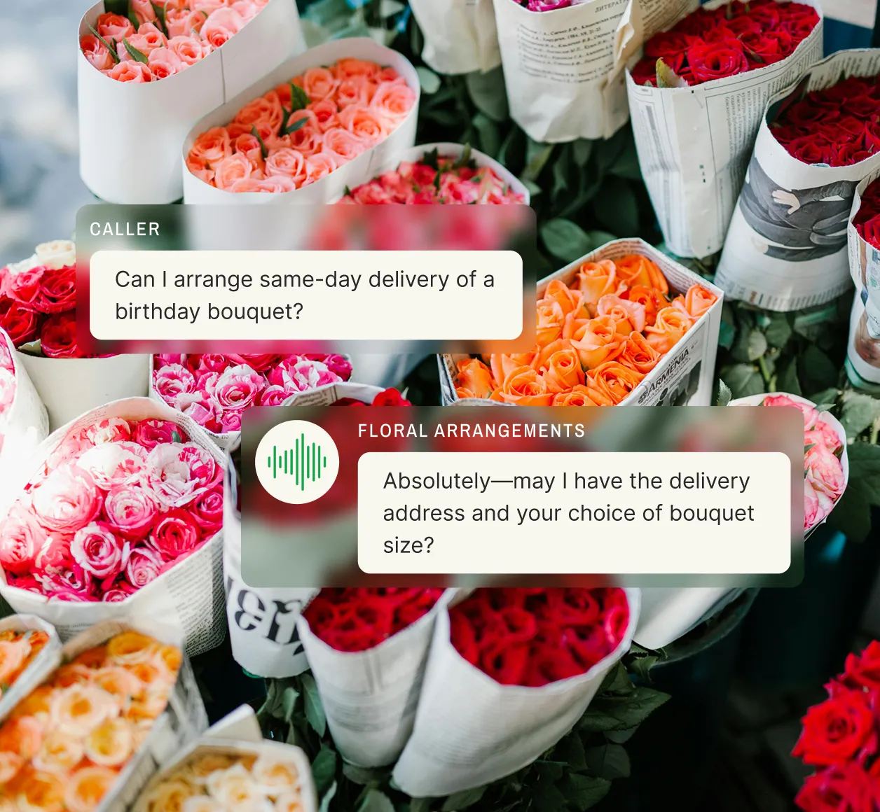 A florist answering service interface shows wrapped flower bouquets with chat boxes displaying a caller inquiring about same-day birthday bouquet delivery and the service asking for address and bouquet size.