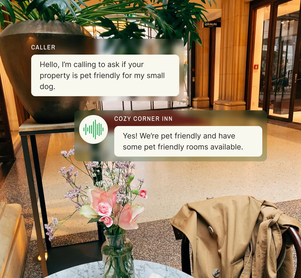 A cozy hotel lobby with flowers on a table, featuring a conversation where a caller asks if the hotel is pet-friendly, and the hospitality answering service confirms pet-friendly room availability.