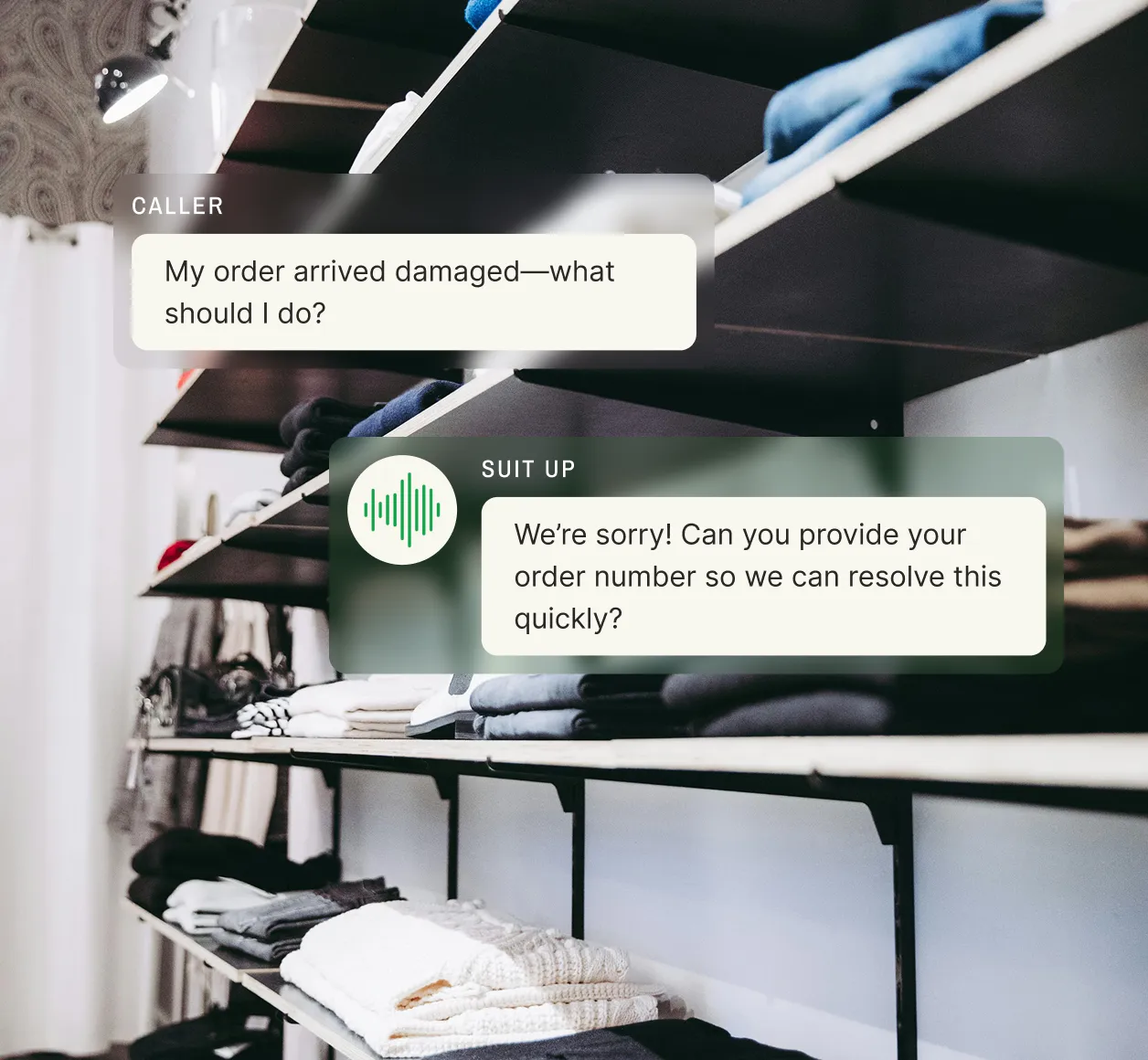 A retail call answering service responds to a customer reporting a damaged order in a clothing store.