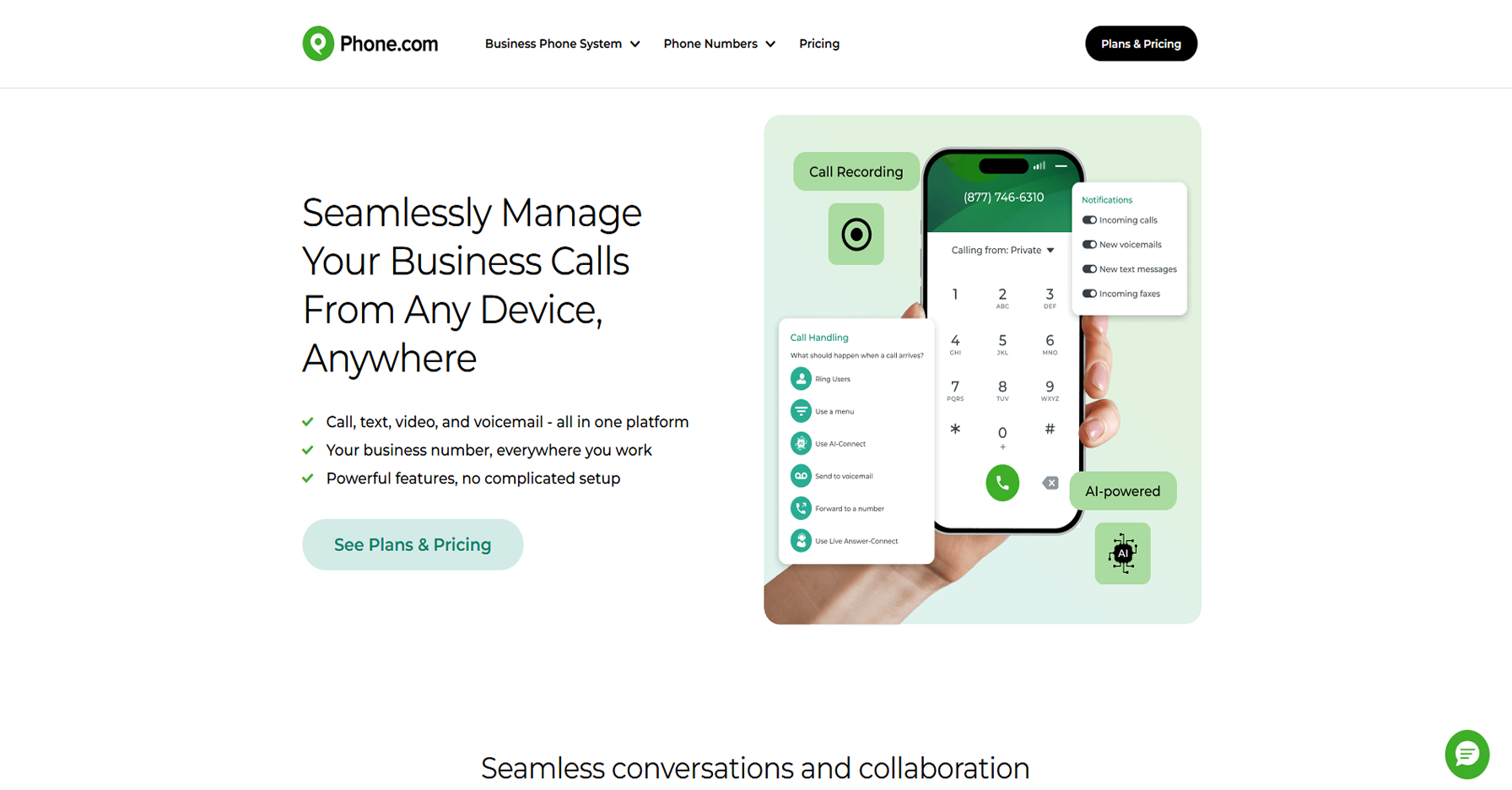 Phone.com business phone system homepage with call handling features - one of the most affordable small business VoIP solutions with flexible plans