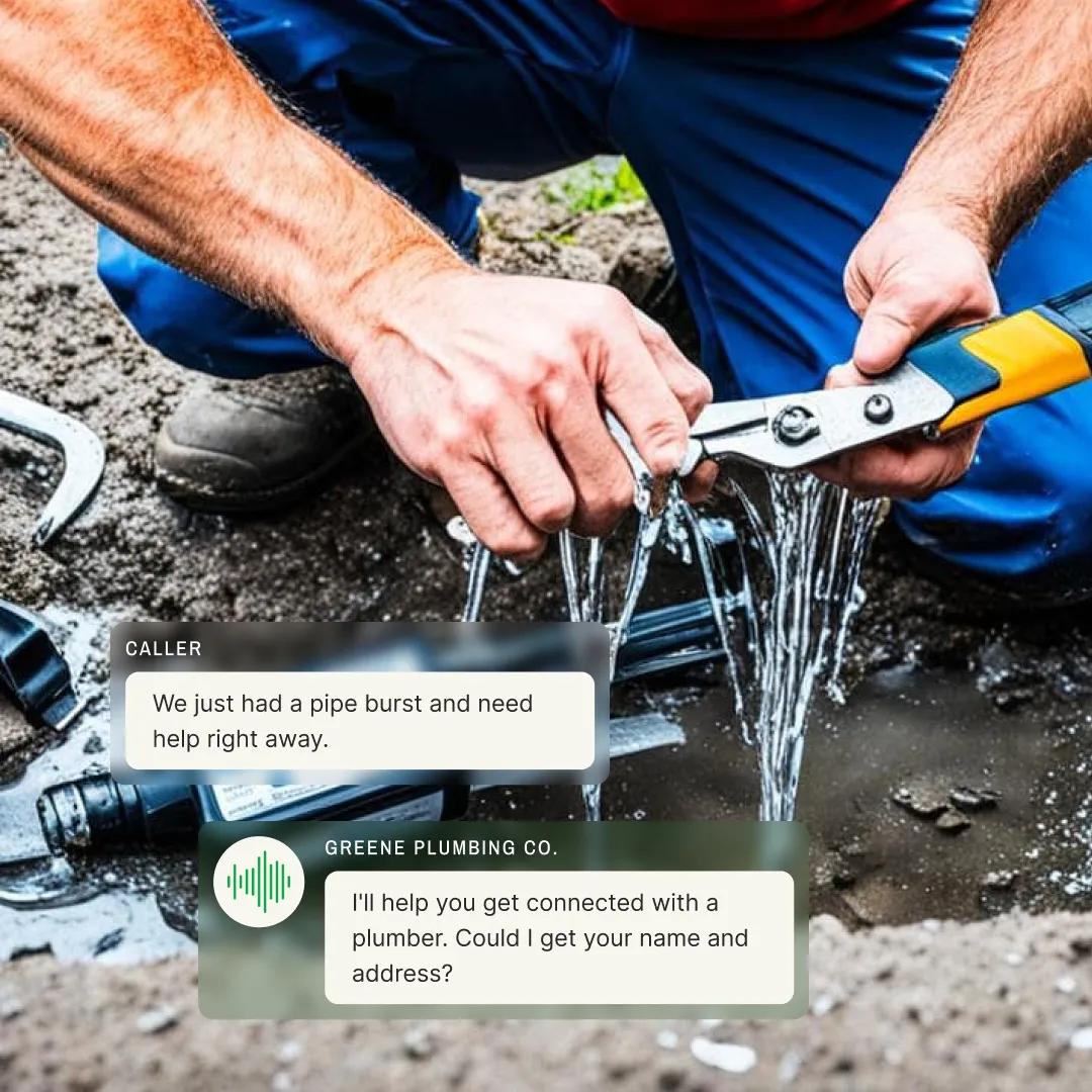 Contractor phone answering service connecting a caller to a plumber to help with a pipe burst.