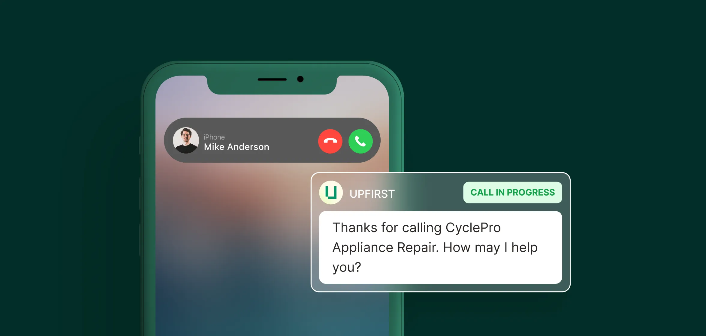 A smartphone screen shows an incoming customer call answered by the appliance repair answering service with a greeting message.