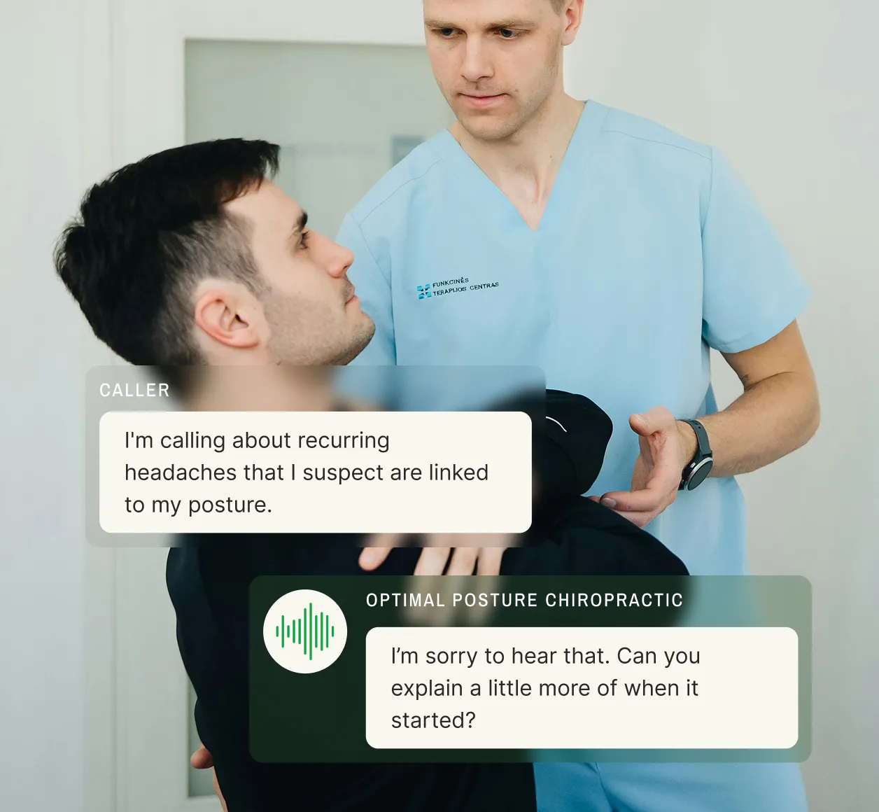A caller reports recurring headaches linked to posture, and an answering service for a chiropractic office gathers more details.