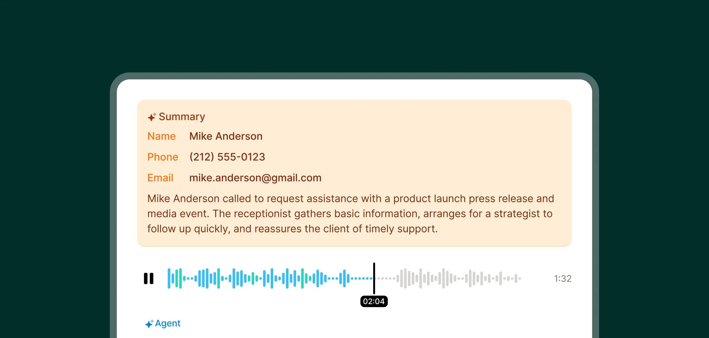 A call summary with contact details and a transcript is shown on a dashboard for a public relations answering service.